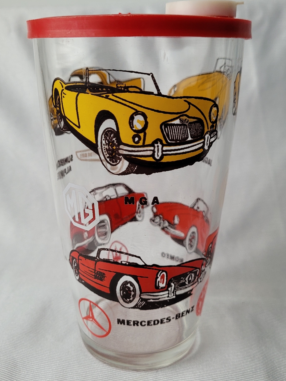 Vintage 1960s Hazel Atlas Sports Cars Cocktail Shaker with Original Red Lid